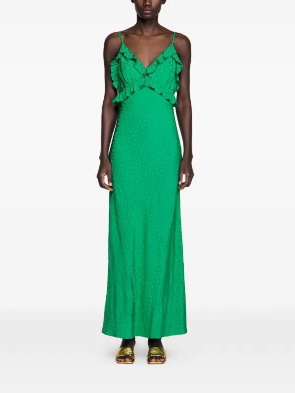 Sandro ruffled maxi dress in green • Sz 8 or 10